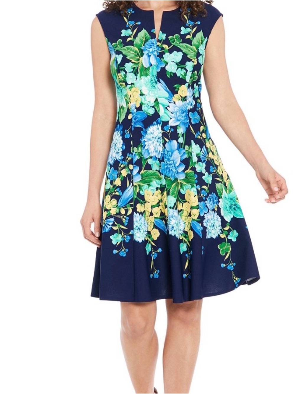 London Times Navy Floral Fit & Flare Midi Dress with Blue and Yellow Blooms